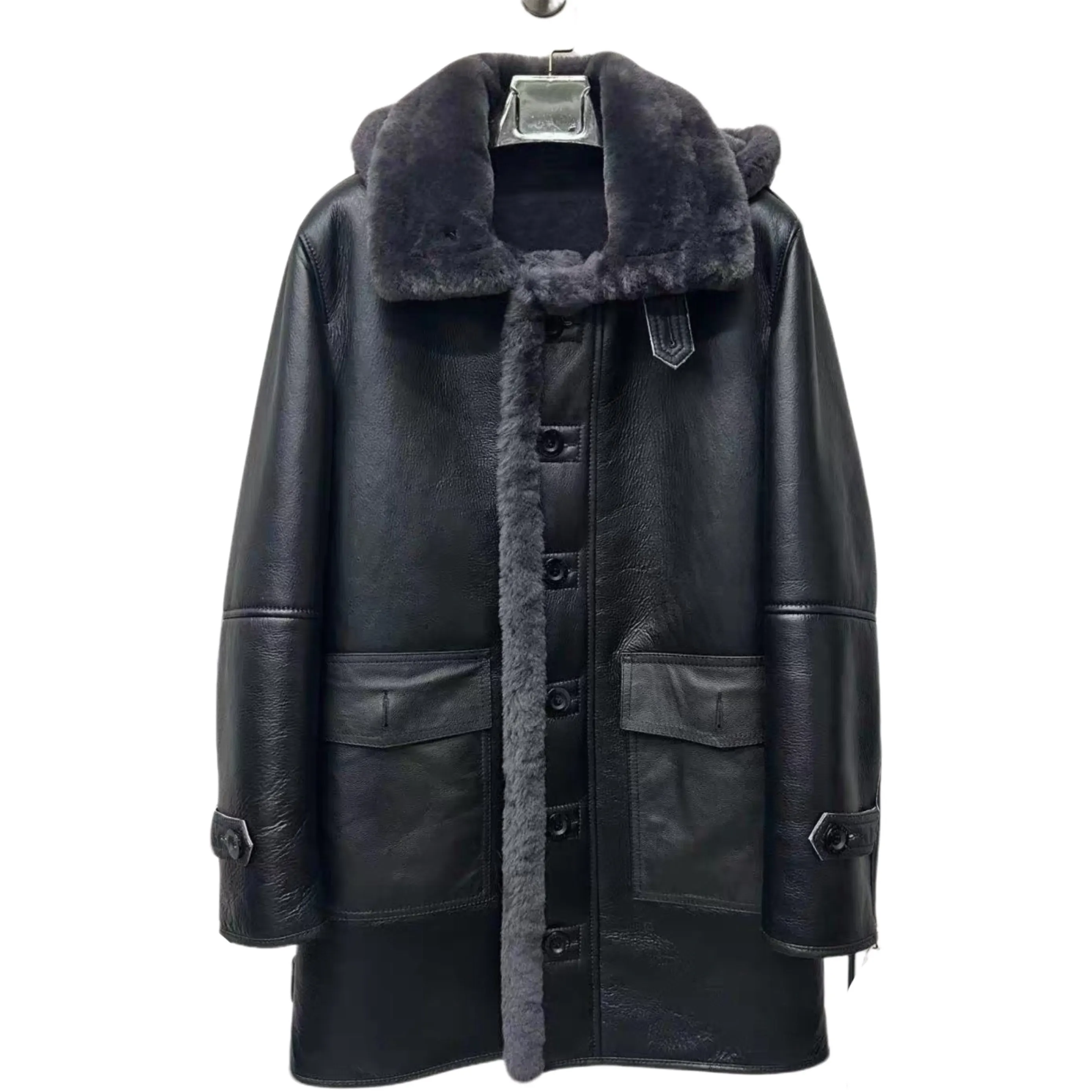 Winter Fashion Men's Genuine Sheepskin Shearling B3 Pilot Bomber Jacket Real Fur Hooded Coat Stylish Casual Outerwear