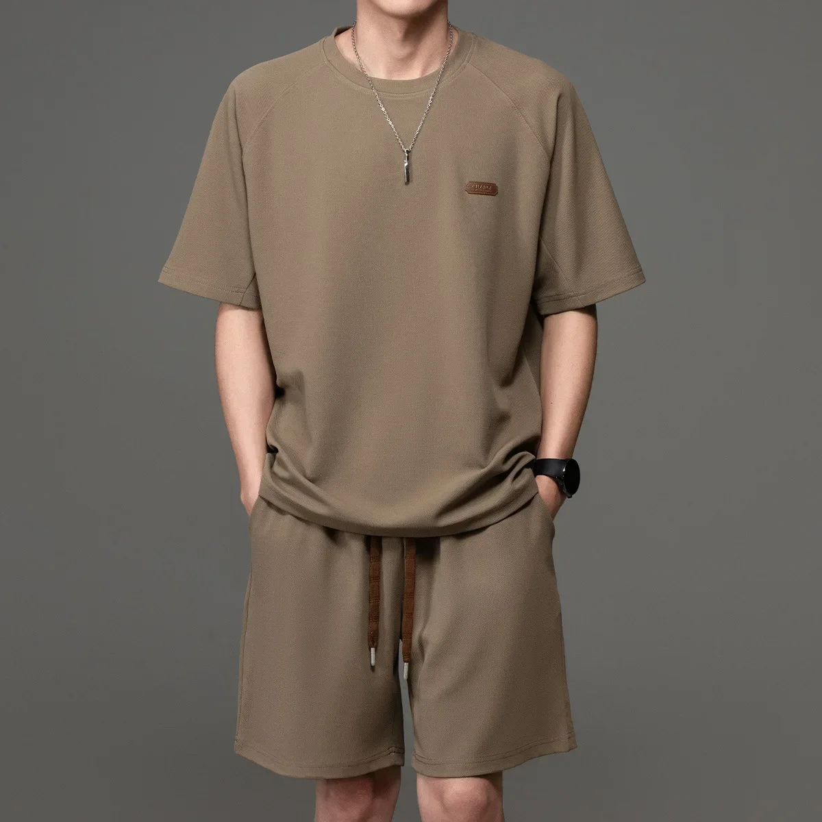LIBIELIY Heavy Duty American Fashion Men's Casual Trendy 2 Piece Set Simple Classic Loose Solid Color O-neck Short Sleeve T-shir