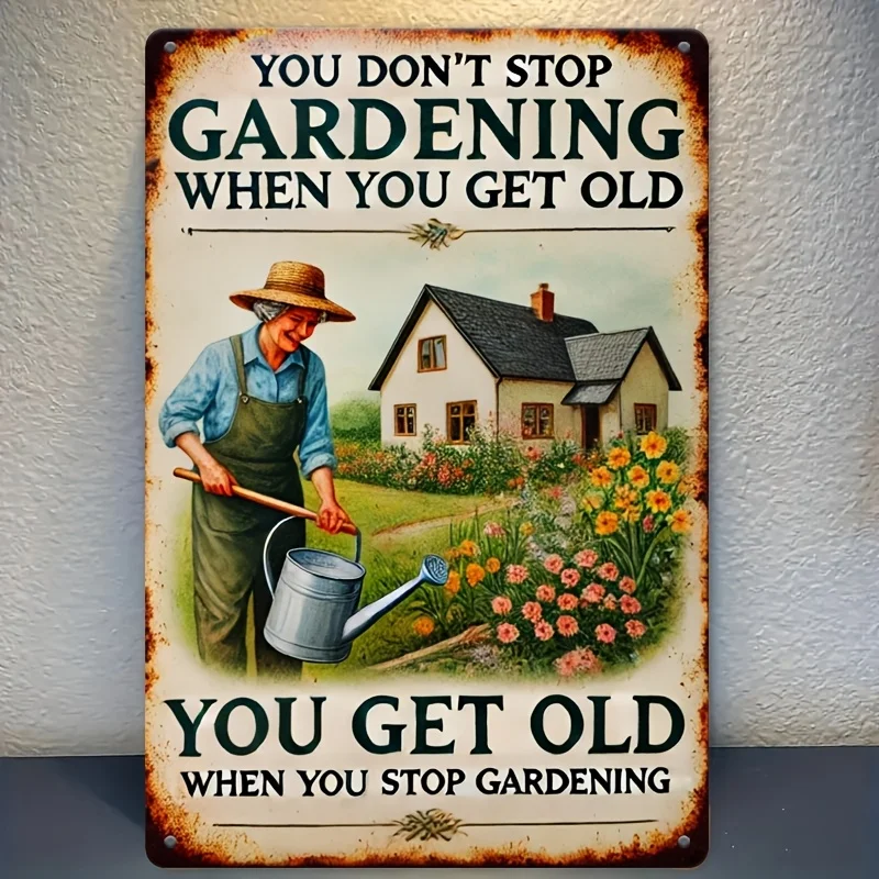 لافتة فنية جدارية حديدية عتيقة مكونة من قطعتين مُسطحة ثنائية الأبعاد - ديكور حديقة ريفي مقاس 8 × 12 بوصة مع اقتباس "لا تتوقف عن البستنة عند قد تصل إلى القدام".