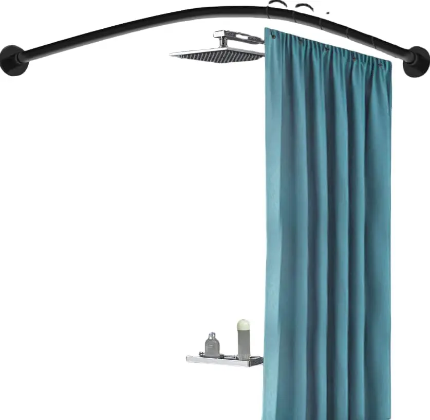 

Black L-Shaped Shower Curtain Rod (Adjustable 75-95/90-130cm) - Stainless Steel, 44.09lbs Load, No-Drill Installation, 24 Hooks