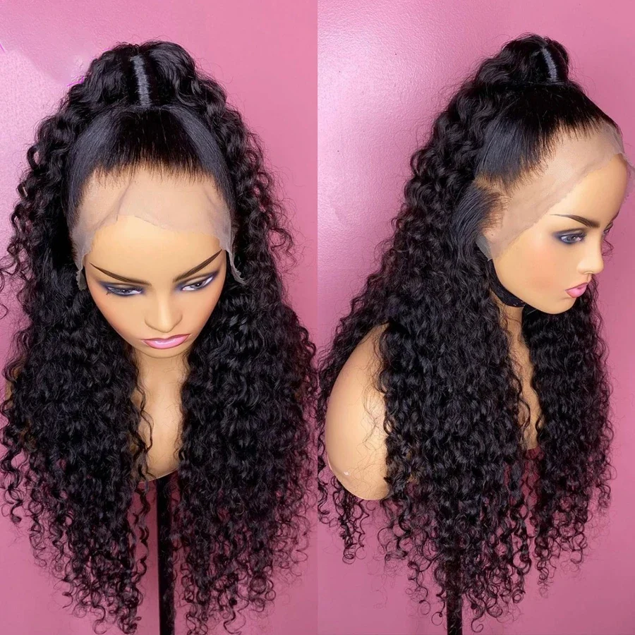 

Natural 26“Long black 180Density Kinky Curly Hairline Lace Front Wig Synthetic For Black Women Babyhair Glueless Preplucked