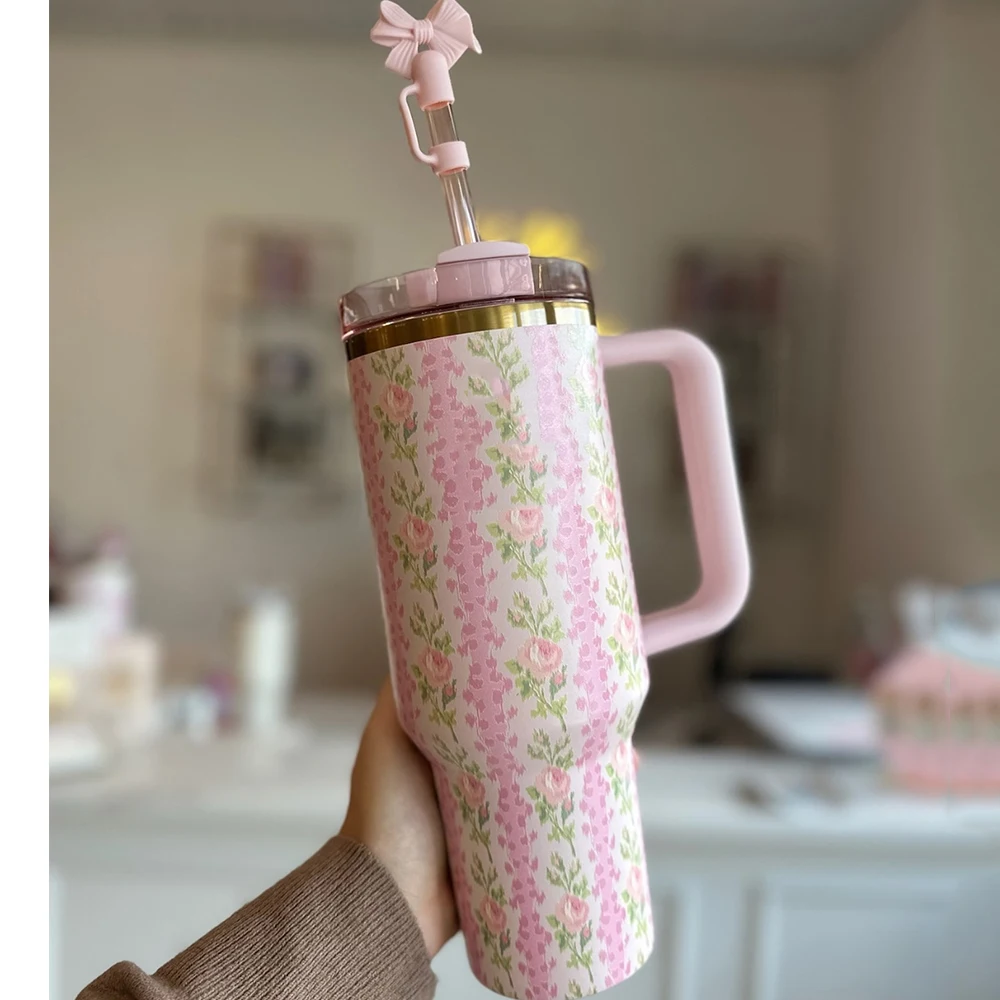 

Cute Pink Floral Tumbler 40oz with Straw & Bow | Double Wall Vacuum Insulated | Keep Hot/Cold All Day | for Women Girls Gift