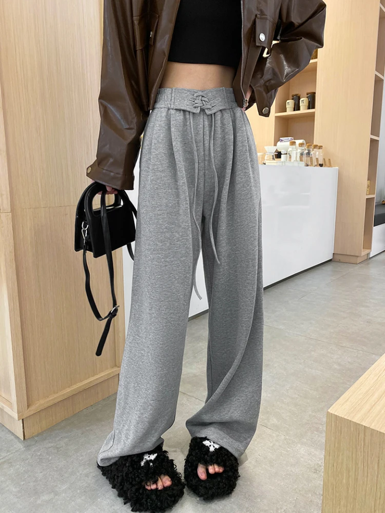 Calça casual de perna larga com renda, calça larga larga larga, estilo coreano, moda que combina com tudo, streetwear estético de harajuku, design simples, nova primavera