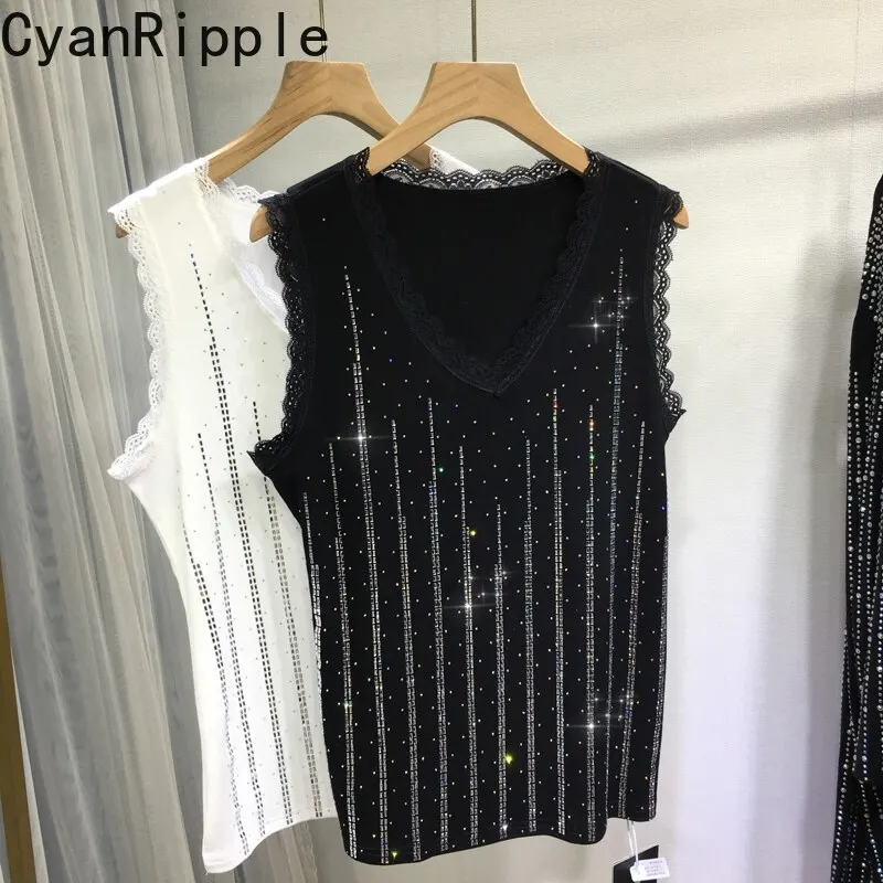 Stretch New Spring Summer Elegant V-neck Sleeveless T-shirt All-match Vertical Drill Pullover Top Large Size Women Tanks Top