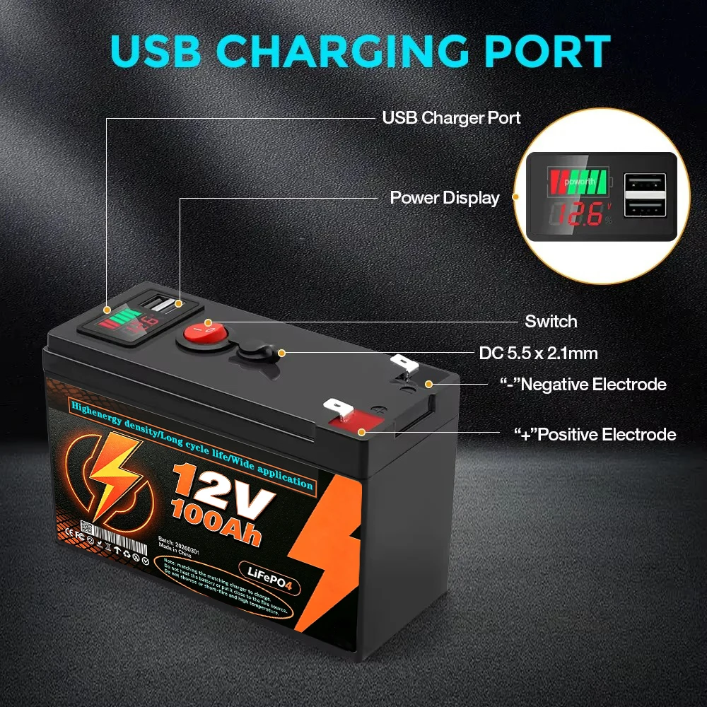 12V 100Ah Rechargeable Lithium Battery, with Smart BMS Safety Circuit, Ideal Replacement Battery for Solar Power, RV Campervan