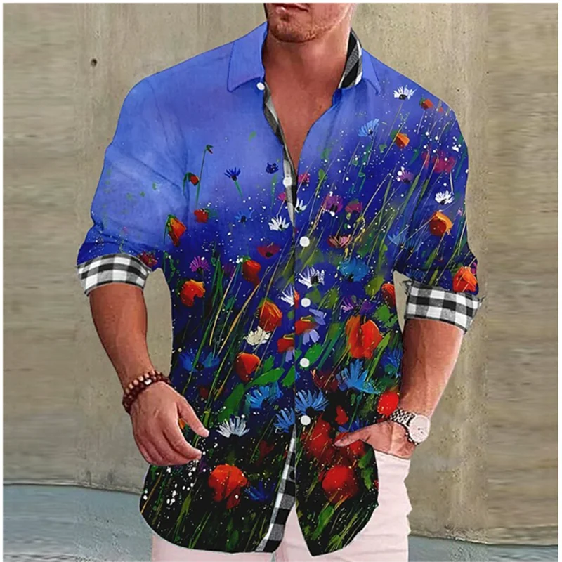 2023 Men's Shirt Floral Pattern Cuffed Plaid Outdoor Street Long Sleeve Printed Clothing Fashion Streetwear Designer Casual 6XL