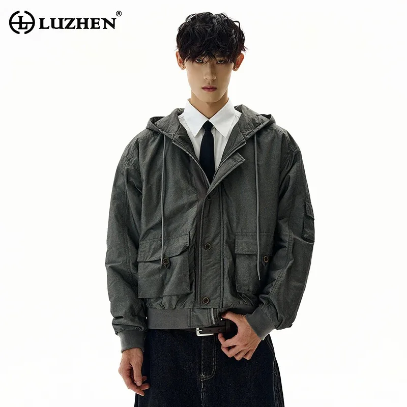 

LUZHEN Fashion Drawstring Decorate Hooded Casual Coat Men's 2025 Autumn Solid Color High Quality Elegant Handsome Clothes JY3802