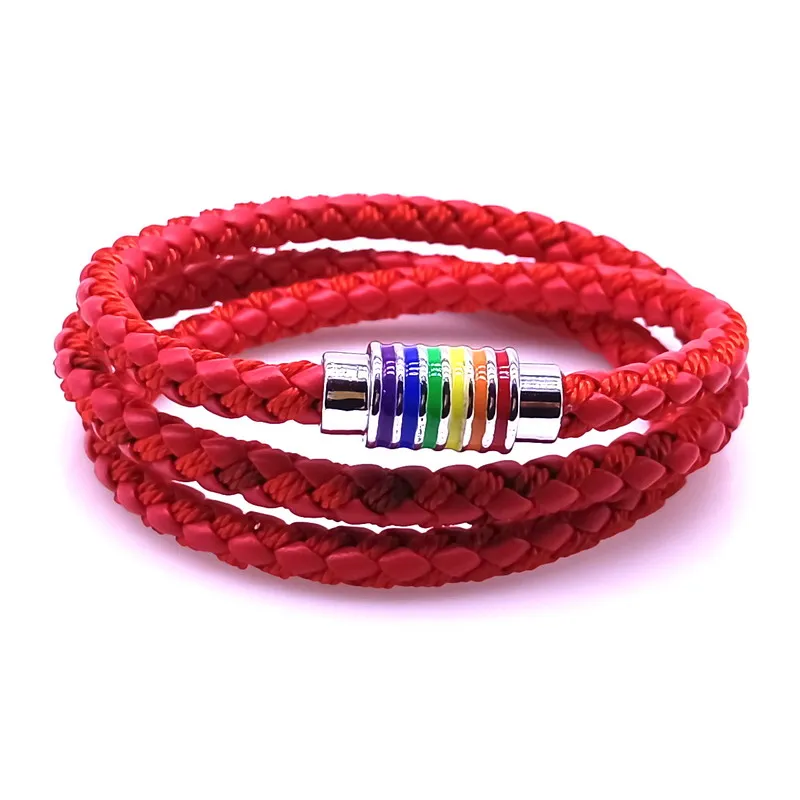 Stainless Steel Colorful Rainbow Leather Bracelet Men Women Spain National Flag Leather Bracelets Handmade Jewelry