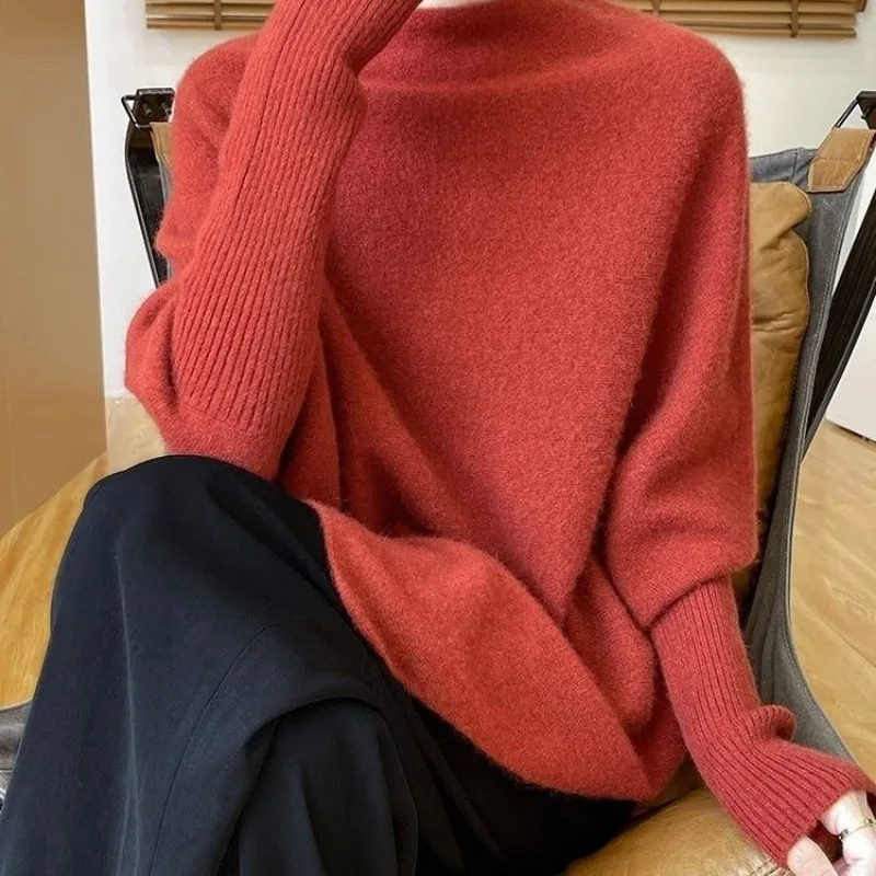 Lazy Style Knitted Sweater 2025 Autumn New Style Irregular Design Bat Sleeve Women's Top
