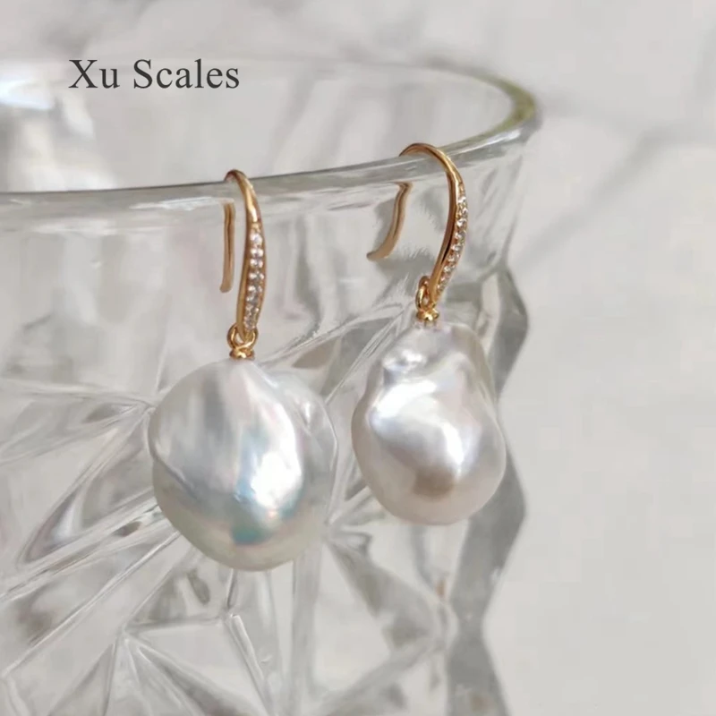 Natural Freshwater Pearl 14K Gold Filled Zircon Inlaid 15-25mm Baroque White Pearl Drop Earrings INS Fine Jewelry Gifts forWomen