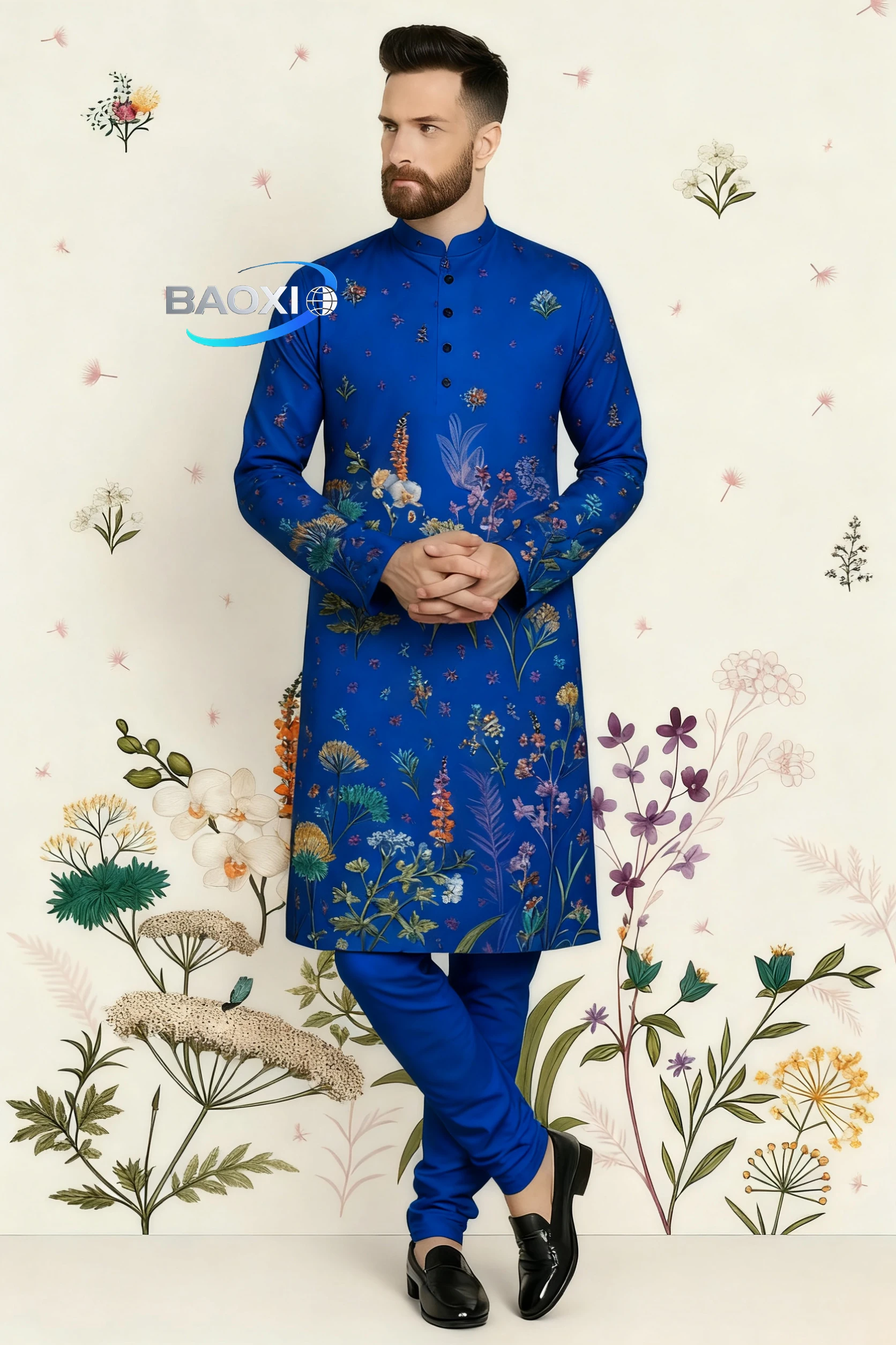 2025 men's printed kurta vardha fashionable and comfortable long robe with a fitted collar suitable for all occasions,