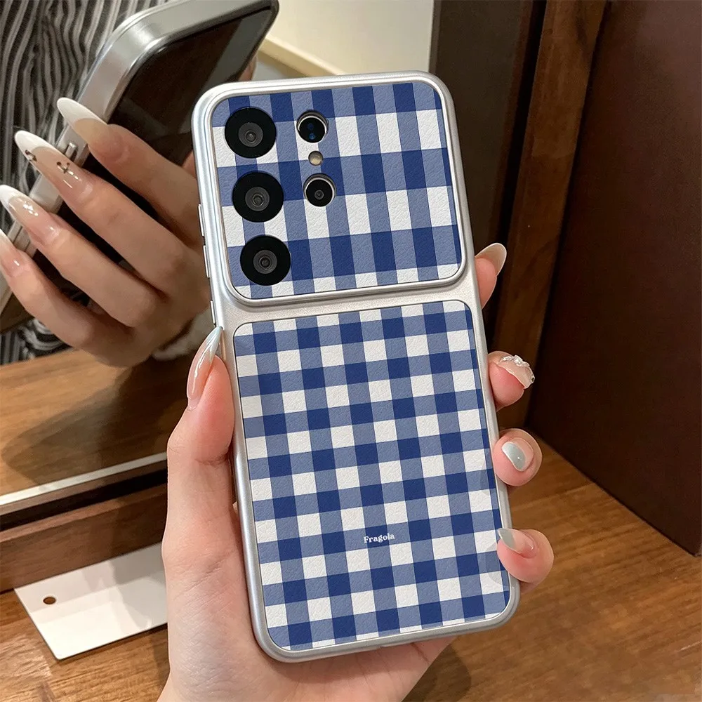 Fragola Navy White Gingham Phone Case For Samsung Galaxy S26 S25 S24 S23 S22 S21 S20 FE Plus Ultra 5G Skin texture