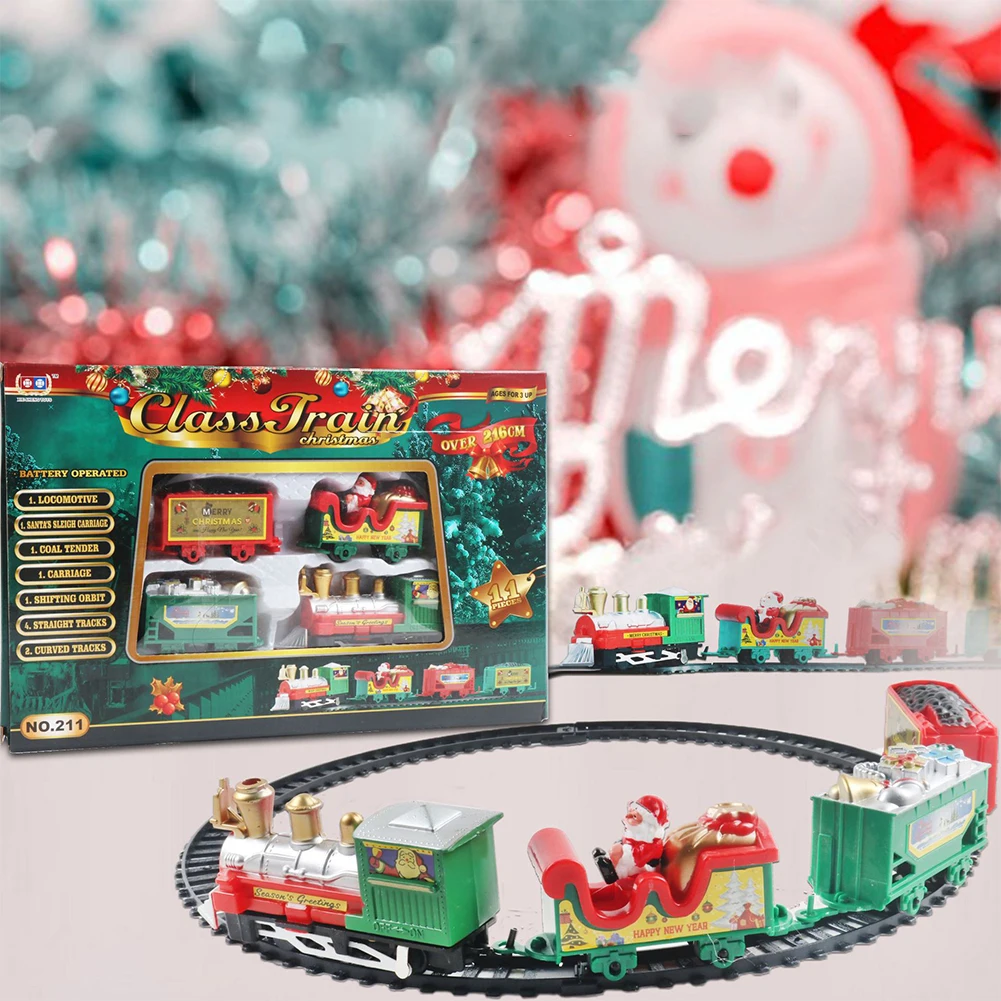 Quebra-cabeça dos desenhos animados montado carro ferroviário brinquedos alimentado por bateria simulação trem modelo brinquedo papai noel presentes de natal para meninos meninas