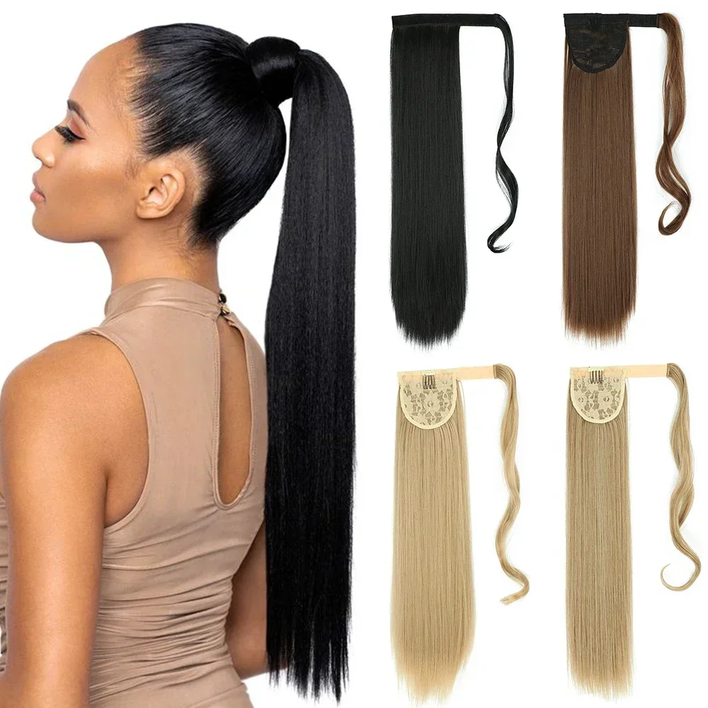 Cabelo encaracolado resistente ao calor com rabo de cavalo, 22-32 Polegada, fibra sintética de cabelos, cabelo falso, extensões de cabelo com chip,