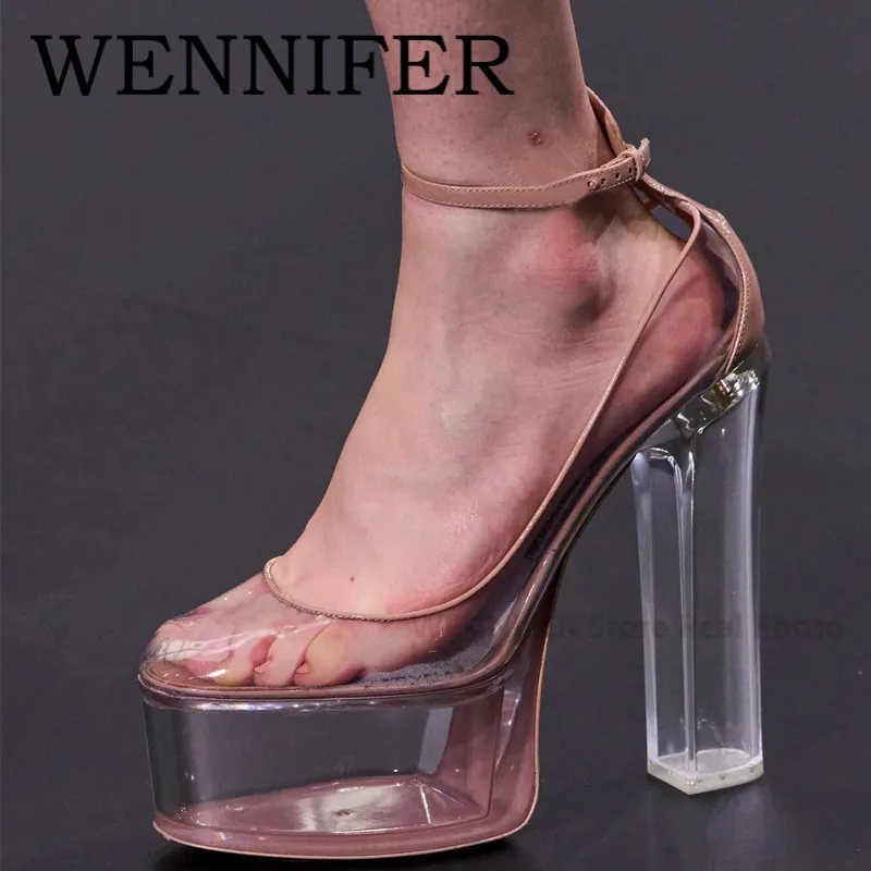 Transparent PVC 100mm Platform Pump Round Toe Buckled Ankle Strap Sandal Women Runway Party Dress Chunky High Stiletto Heel Pump