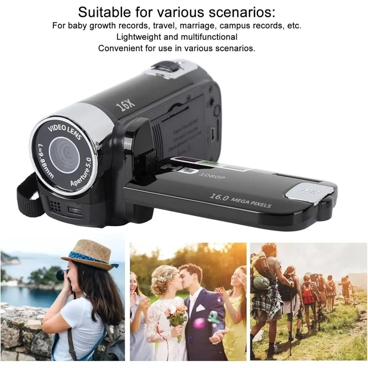 PHONE&GEAR Handheld Camcorder, 1080P 16MP DV Video Camera with 16x Digital Zoom with 2.7 Inch TFT Rotating Screen and USB Cable
