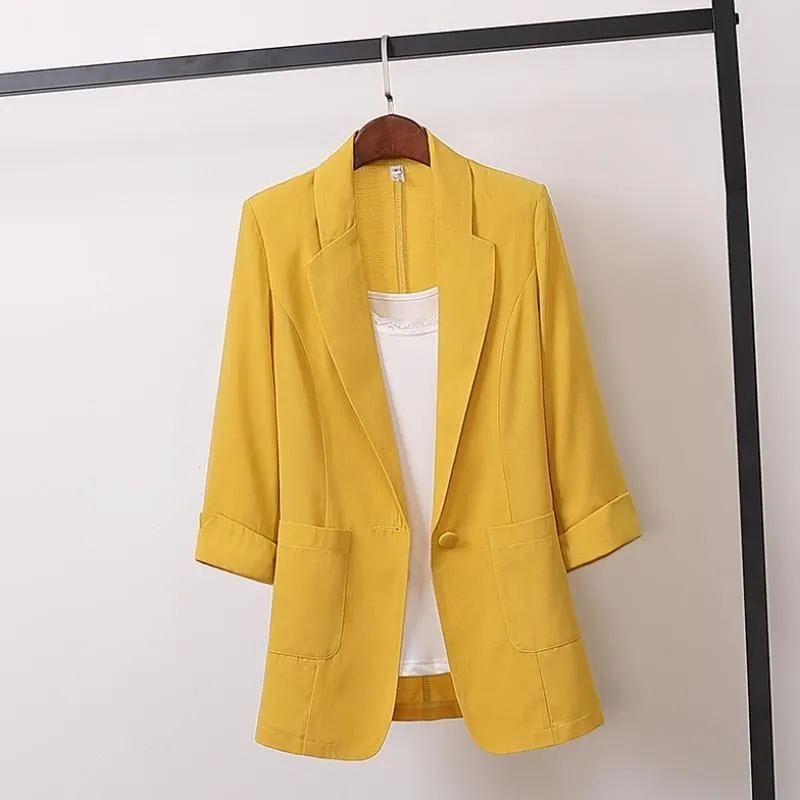 Cotton Hemp Thin Blazer Coat 2021 Women's Autumn Korean Casual Slim Half Sleeve Jacket Loose Sunscreen Coat Lapel Outerwear