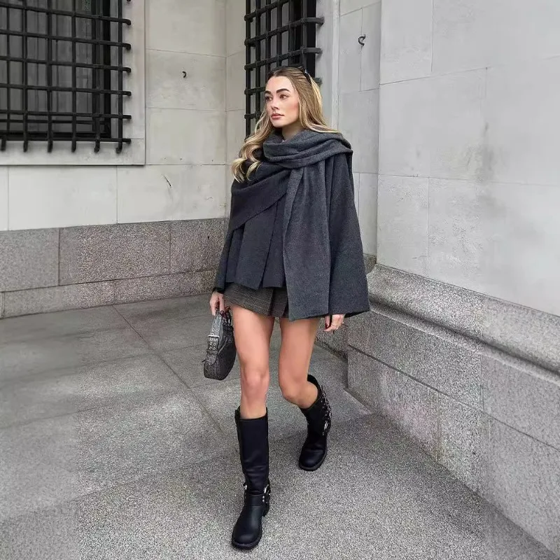 Autumn Short Gray Knitted Cape Coat with Scarf Women Fashion Long Sleeve Loose Cardigan Female Winter Elegant Chic Streetwear