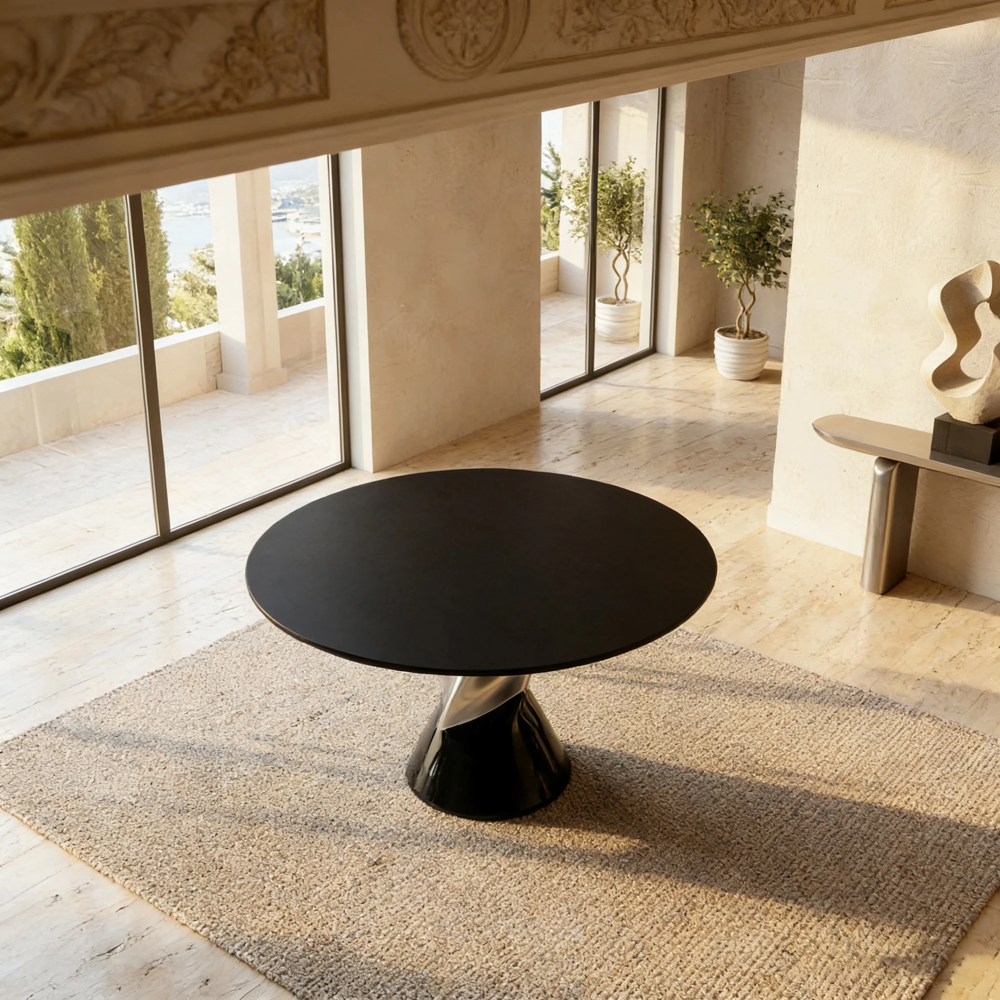 S*-Modern Minimalist Oval Dining Table with Sleek Black Top and Sculptural Twisted Base