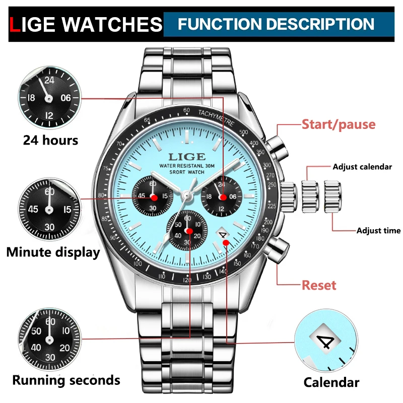 LIGE Military Watch Men Top Brand Luxury Fashion Full Steel Waterproof Men Quartz Wristwatches Casual Sport Chronograph Clock