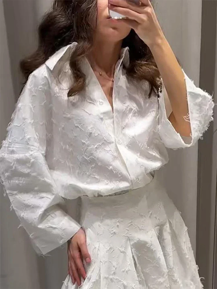 

2025 White Tassels Shirt Pleated Skirt Sets Women New Lapel Long Sleeve Tops A-line Skirts Suit Summer Female Street Outfits