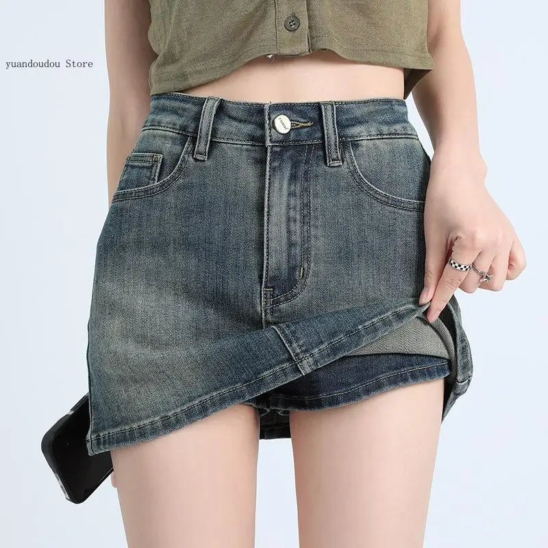 Retro Spicy Girl Denim Short Skirt for Women In Summer Short Stature High Waist Anti Glare A-Line Hip Hugging Skirt