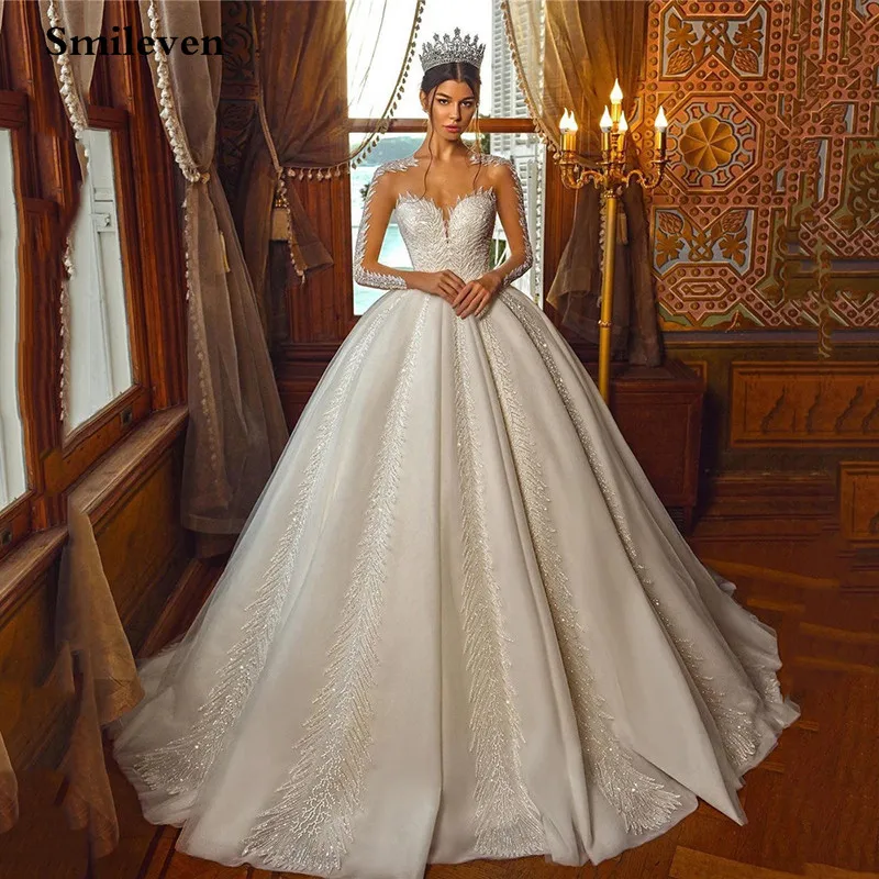 

Smileven Saudi Arabia Wedding Dress Long Sleeve Nude Mesh Shiny Glitter Bride Dresses Robe De Mariee Elegant Wedding Ball Gowns