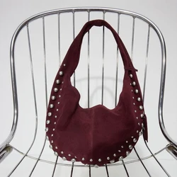 Half Moon Faux Suede Underarm Bags For Women Luxury Designer Handbags And Purses 2024 New In Vintage Rivet Rhinestones Shoulder