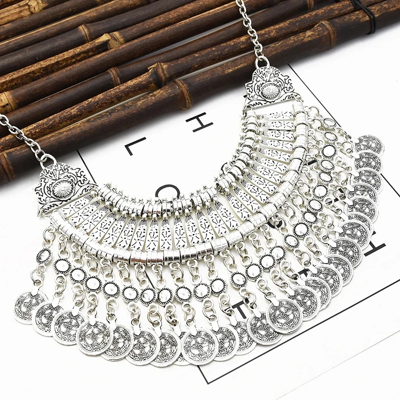 Vintage Boho Choker Necklace For Women Ethnic Gypsy Big Statement Collier Female Coin Tassel Pendant Necklace Fashion Jewelry