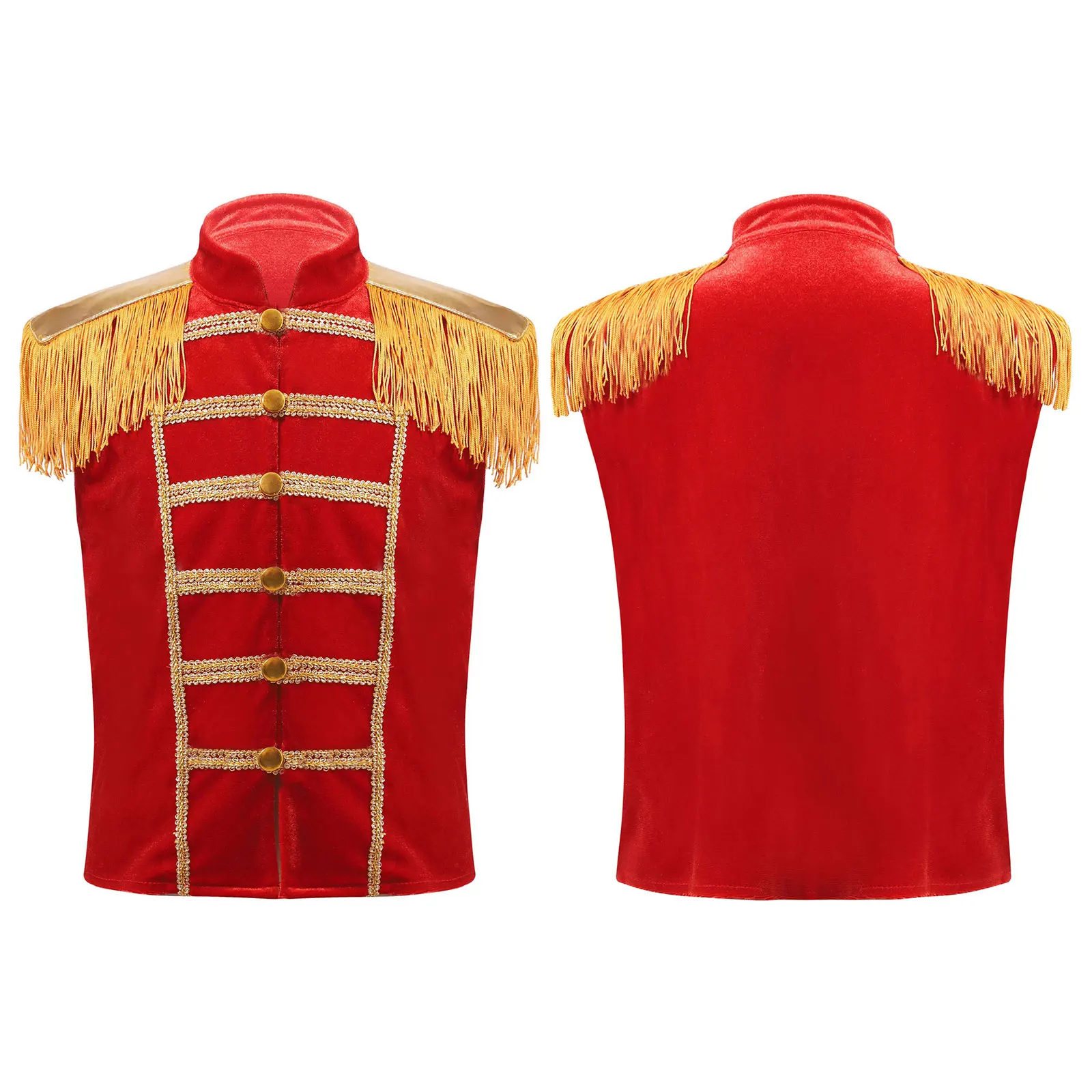 

Kids Halloween Cosplay Costume Circus Showman Military Drummer Performance Vest Tops Sleeveless Gold Fringe Epaulet Waistcoat