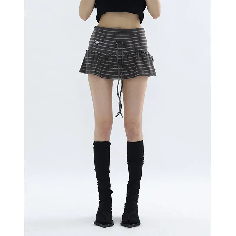 Deeptown Japanese Style Striped Skirt Women Vintage Harajuku Lace Up Ruffle Mini Skirt Streetwear Grunge Summer Short Skirts