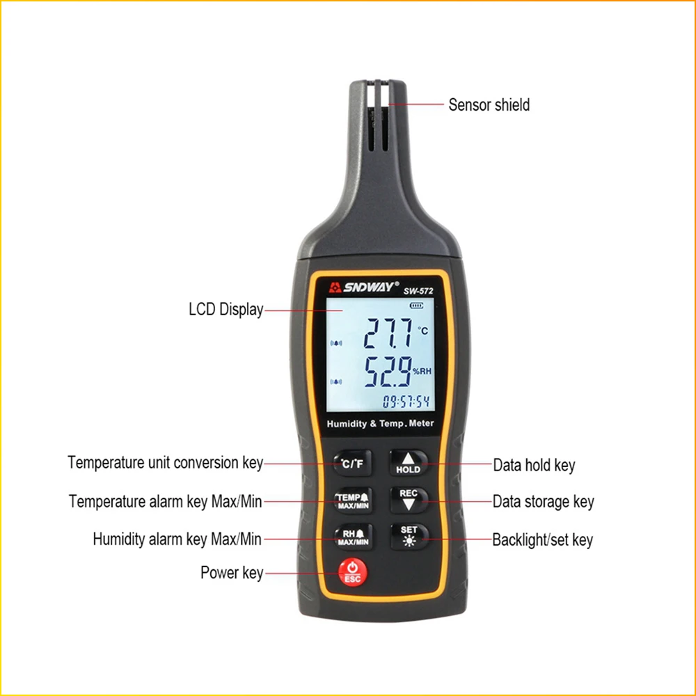 SNDWAY cyfrowy termometr SW-572 wysoka precyzja wilgotność i temperatura czujnik podświetlenie przechowywanie danych termo-higrometr