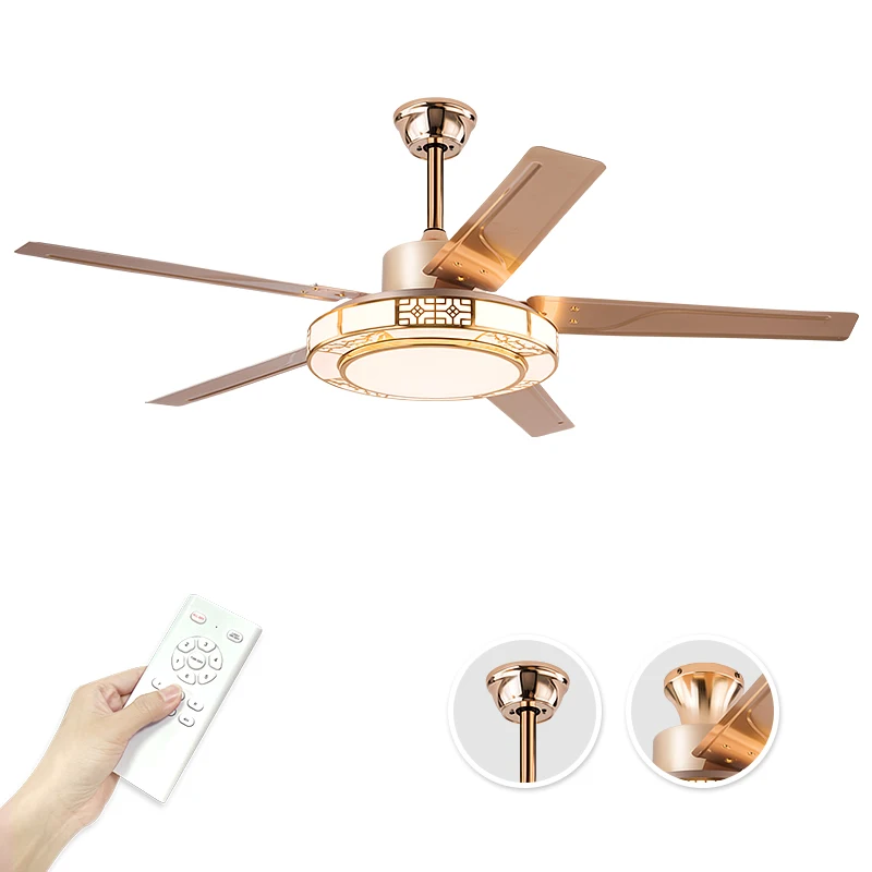 52 inche gold Chinese iron straight blade fan light 72W three colours changing light pure copper silent motor dining living Room