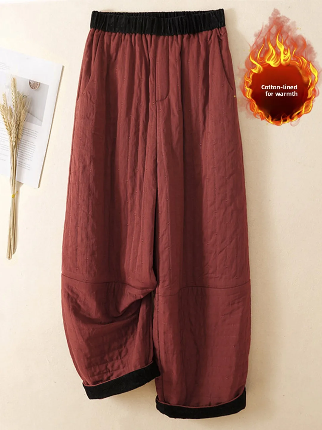 Winter New plus Size Women's Cotton Trousers High Waist Wide Leg Pants Splicing Warmth Nine Points Elastic Waist Cotton Blend