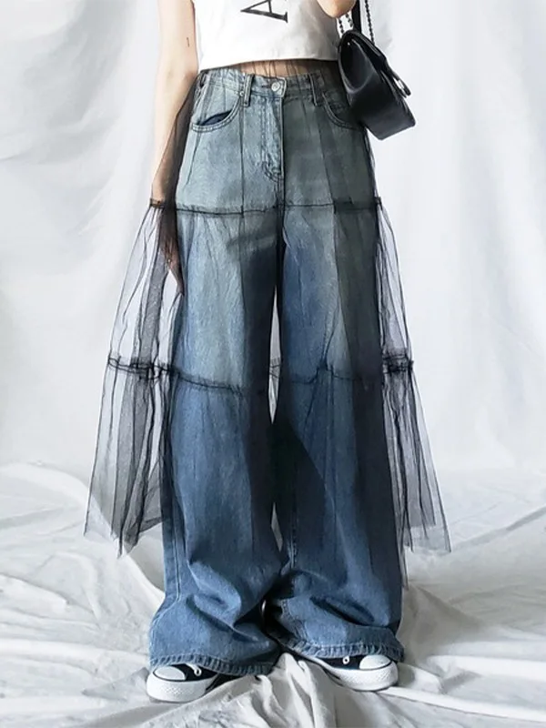 

Длинная юбка А-силуэта из полиэстера с перекрывающимися сетчатыми вставками, свободным и приталенным кроем, в уличном стиле, для женщин 18-24 лет