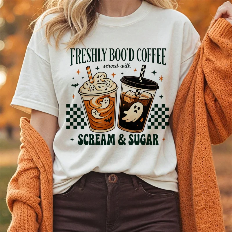 

Fresh Coffee Print Autumn Pattern Women's T-Shirt Fashionable Women's White Top Basic Thanksgiving Popular Cartoon T-Shirt