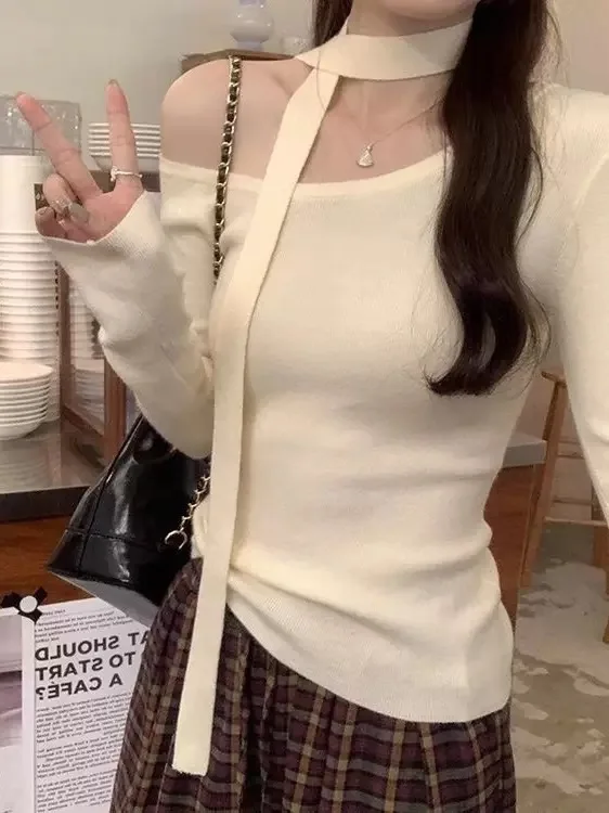 

Korean Style Pure Color Knitted Long Sleeve Women's Top Neck Hanging Shoulder Bared Slim Fit Fashionable Inner Wear