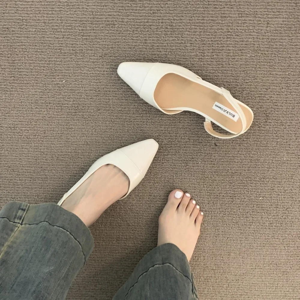 French Nude Color Low Heel Baotou Sandals for Women Pointed Toe Thick Heels Back Air Style Single Shoes Ladies Footwear image 5