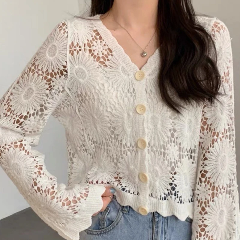 Women Flare Long Sleeve Crochet Cardigan V-Neck Open Front Button Loose Sweater Coat Hollow Out Knitted Floral Vintage Shrug