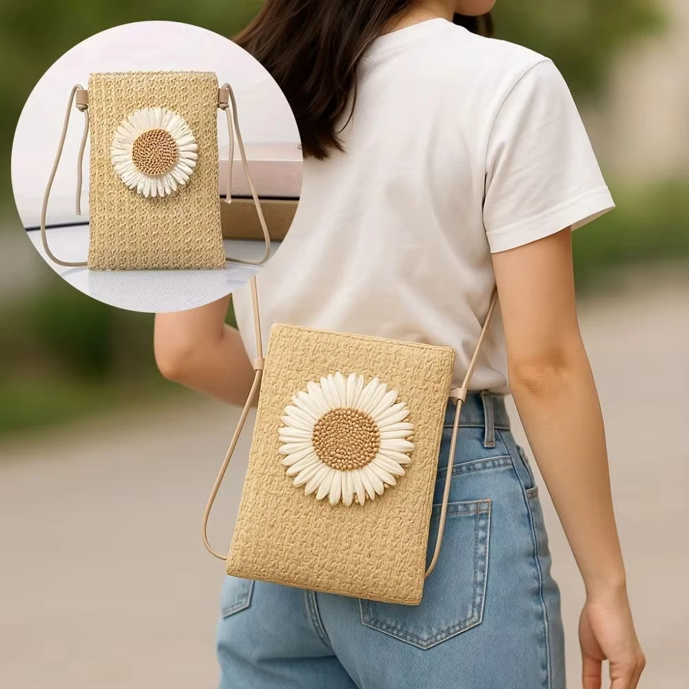 Sunflower Straw Woven Crossbody Bag Mini Bohemian Phone Bag Summer Beach Shoulder Bag for Women Casual Vacation Handbag Purse