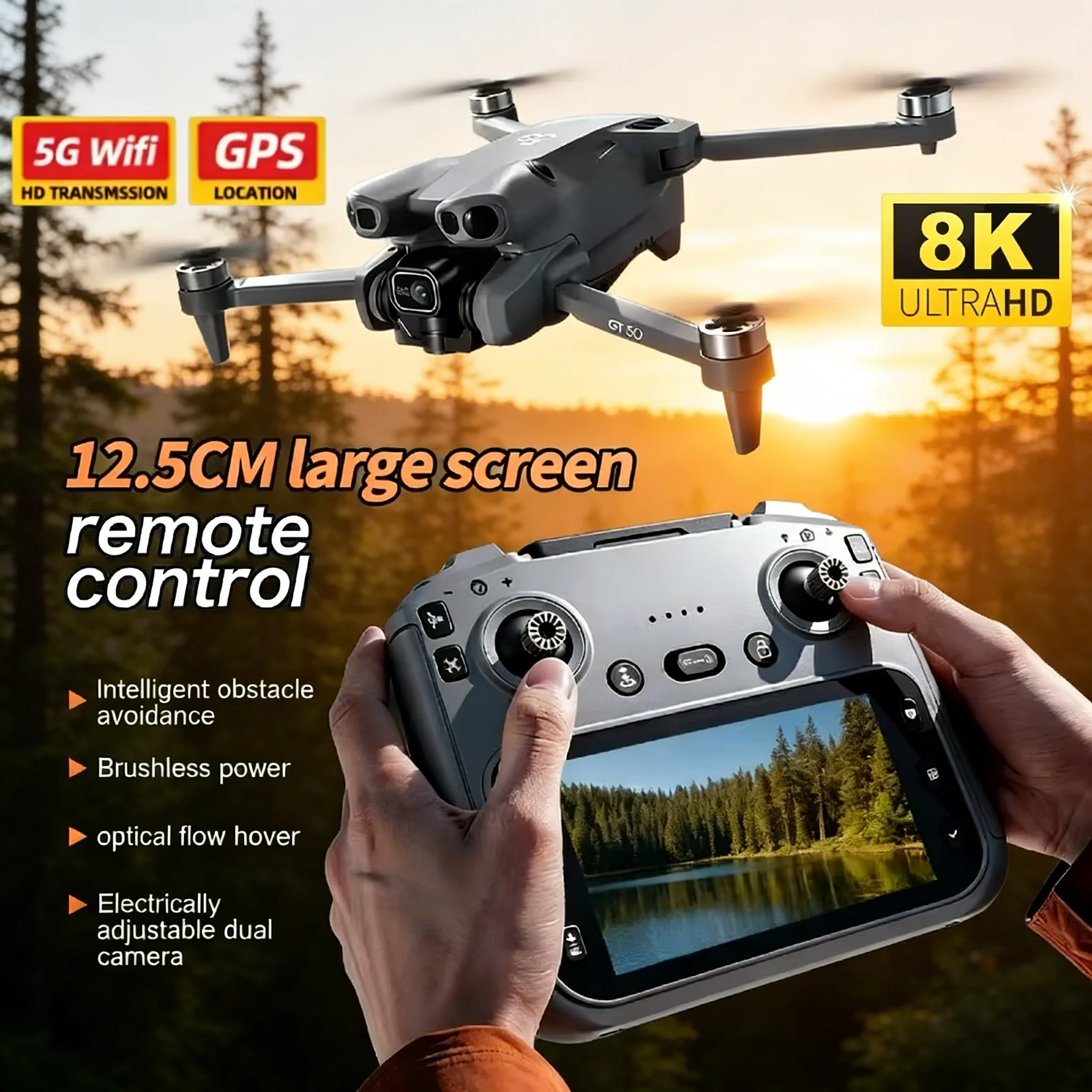 

Дрон для аэрофотосъемки GT50 PRO с функцией обхода препятствий, HD-квадрокоптер с бесщеточным двигателем и пультом управления с большим экраном, игрушечный летательный аппарат
