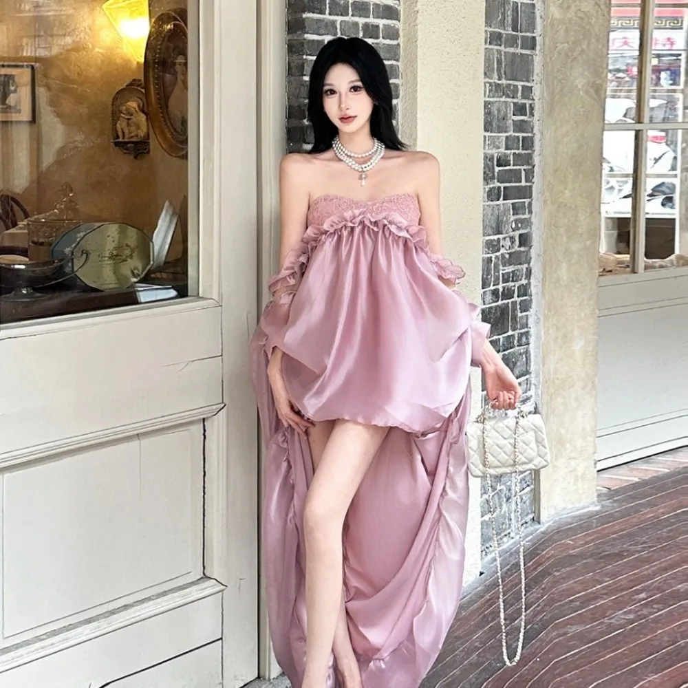 SylCue Ruched Design Wrap Chest Maxi Dresses Loose Fit Long Trailing Bud Skirt French Romantic Style Elegant Fashion Vestidos