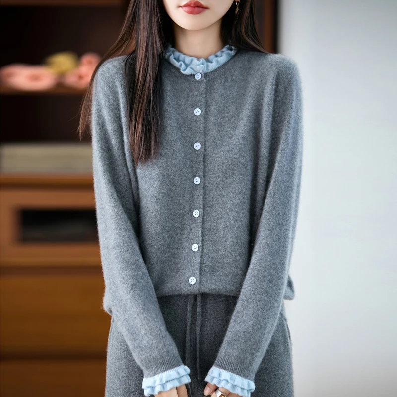 Cardigan en laine pour femme, pull froissé, doux, chaud, ample, mode, blocage des couleurs, vêtements tricotés, confortable et élégant, 2025