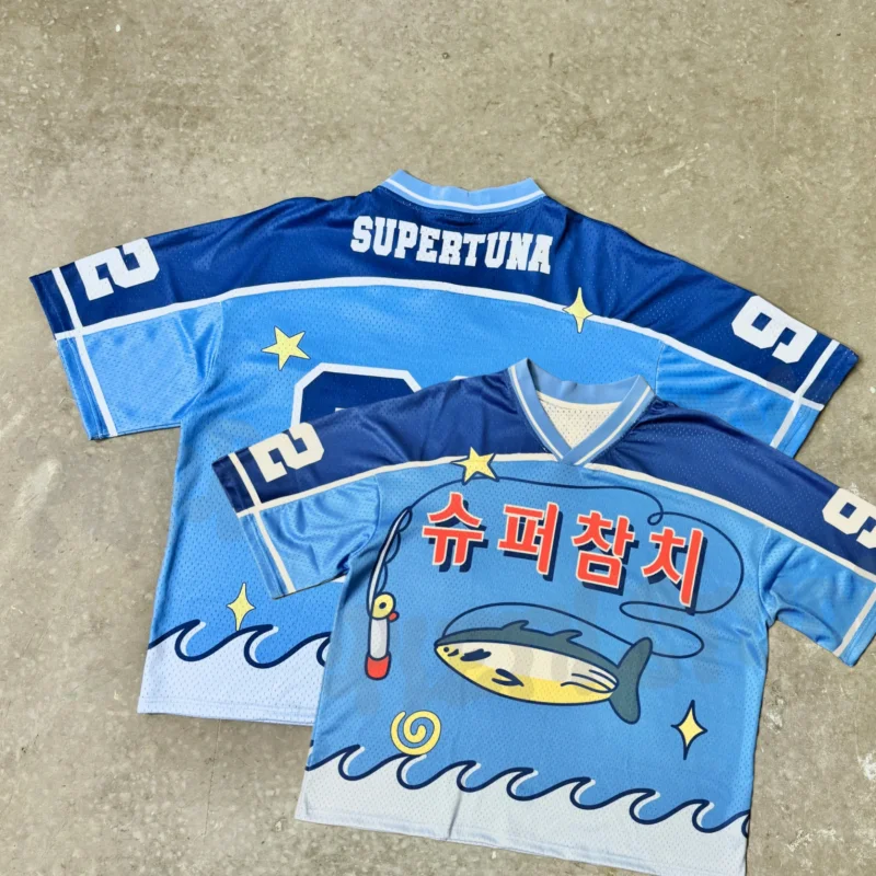 2026 New Men's Super Tuna Jin Inspired  Football Jersey Blue Korean Print Streetwear V-Neck Short Sleeve Tee for Fans
