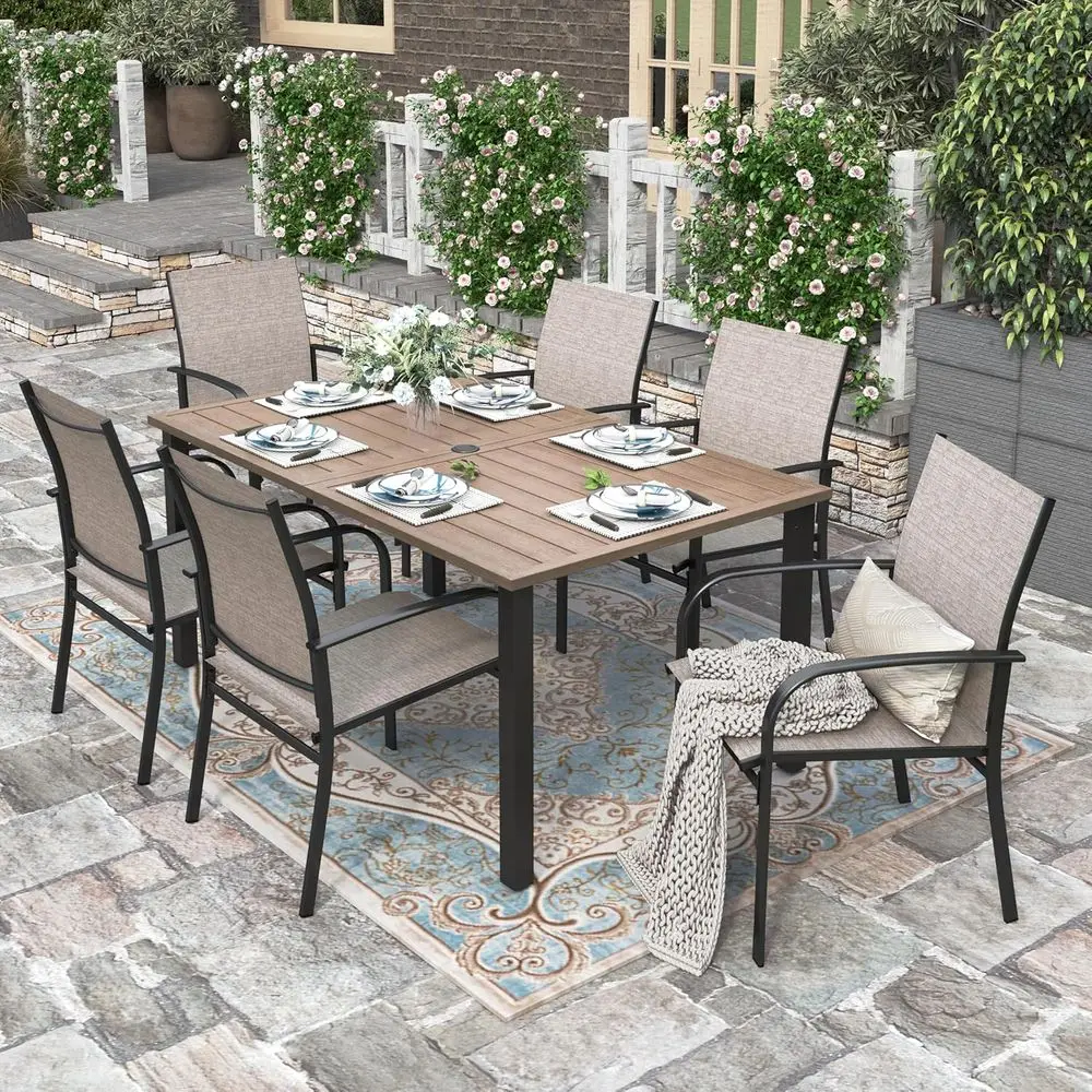 

Brown 6-7 Piece Outdoor Dining Set, Wood-Like Metal Patio Table with Chairs for Lawn and Garden