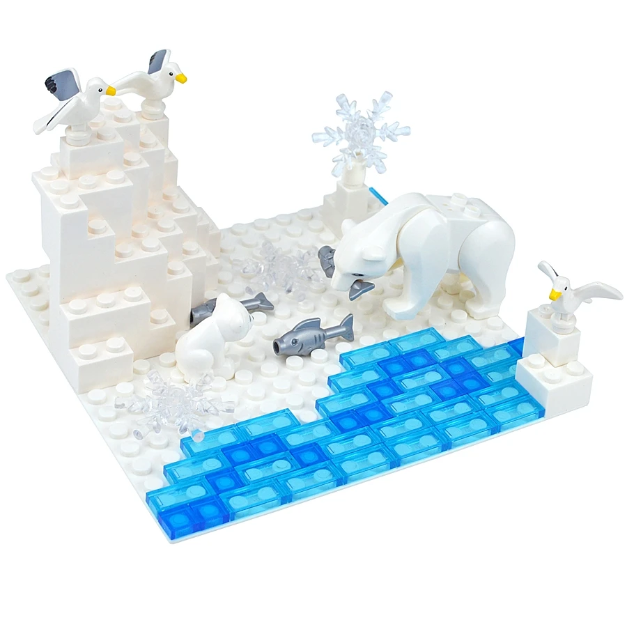 Block Compatible Brick Arctic Polar Bear MOC Set Plate Ice Scene Winter Building Seal Seagull Animal Figure Educational Toy Gift