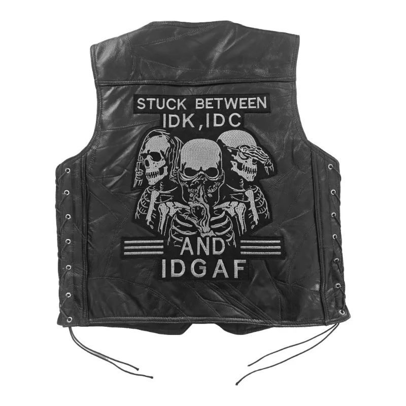 Vintage Motorcycle Biker Leather Vest Skull Skeleton Embroidered Back Patch Adjustable Side Lace‑Up Sleeveless Riding Gilet