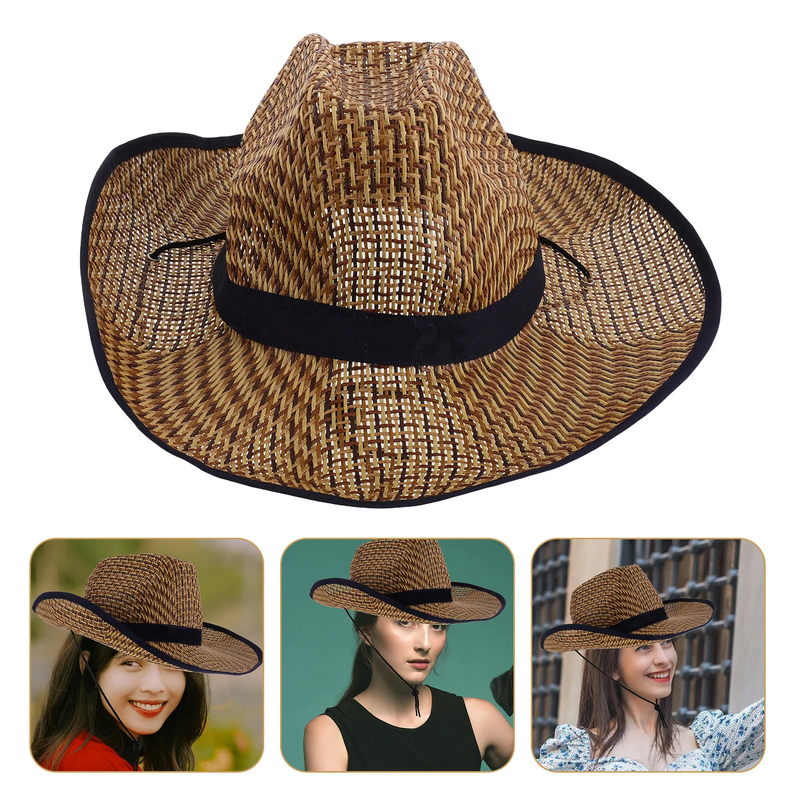 1pc Sun Protection Wide Brim Straw Hat Men Women Beach Fishing Outdoor Cap Farmer Western Cowboy Style Lightweight Durable