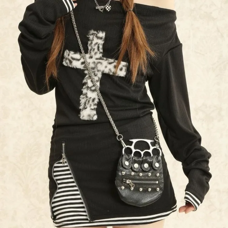 Spring Y2k Punk Off Shoulder Long Sleeve Slim Tops Women Leopard Cross Print Tunic Tops Alt Spicy Girl Streetwear Daily Casual