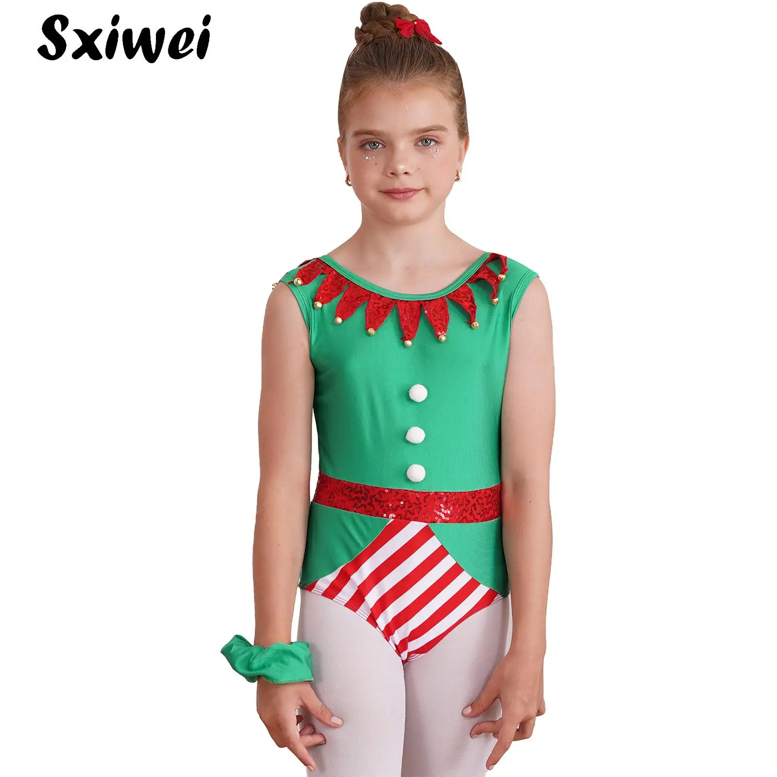 

Kids Girl Christmas Dance Costume Candy Cane Striped Sequin Ballet Leotard Gymnastics Jumpsuit Figure Skating Bodysuit Dancewear
